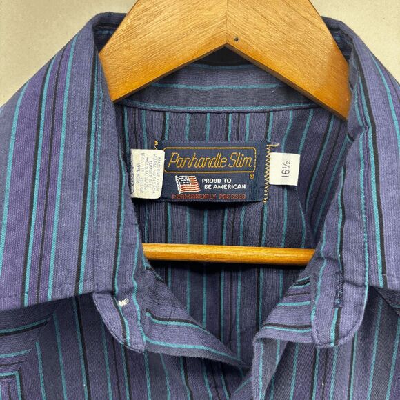 Panhandle Slim Mens Shirt 16.5-34 Pearl Snap Long Sleeve Striped Purple L Button - Picture 6 of 6